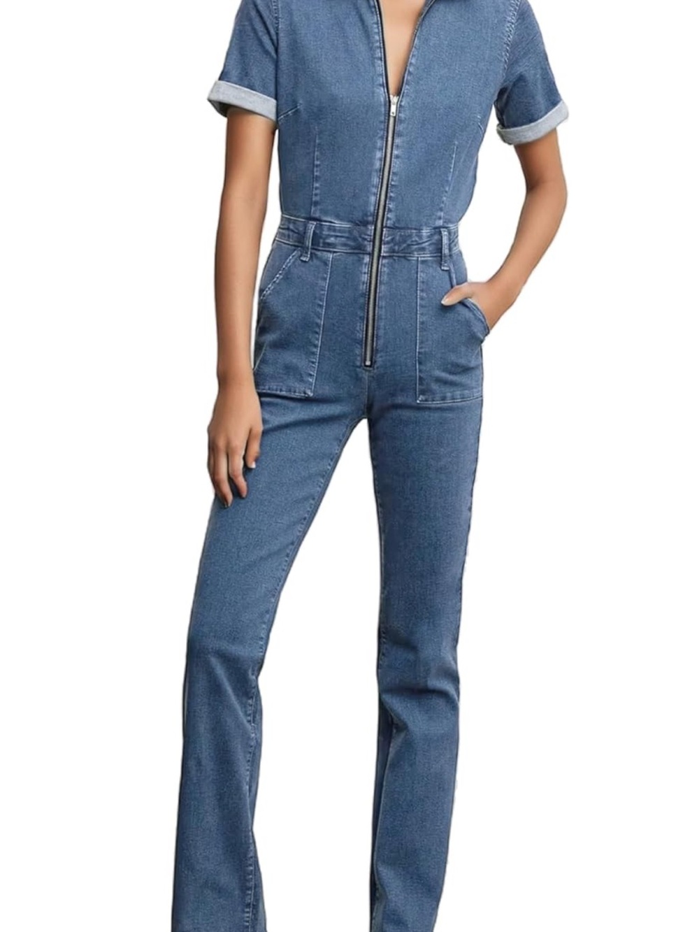 Women's Denim Zip-Front Jumpsuit Overalls in Blue